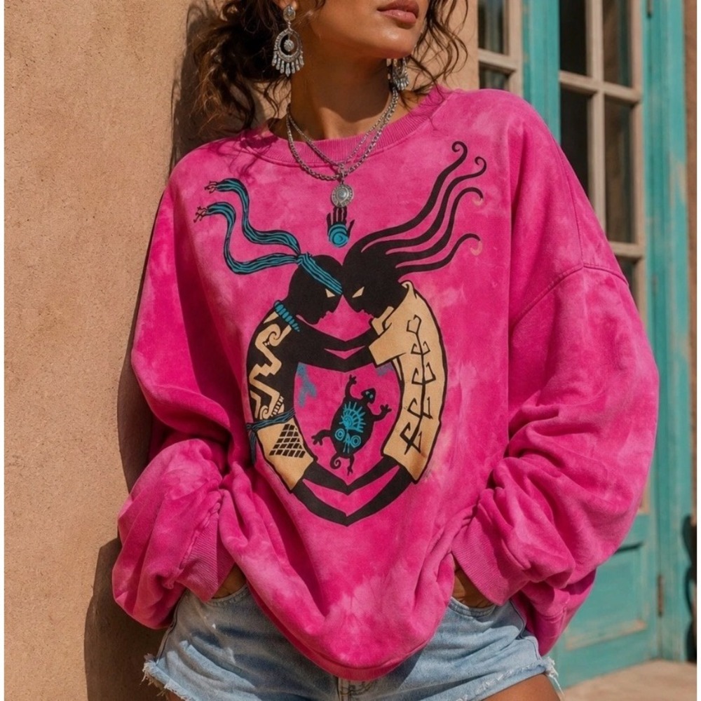 Vintage 90s Dagoli Kokopelli Santa Fe Art Pink Oversized Tie Dye Sweatshirt M